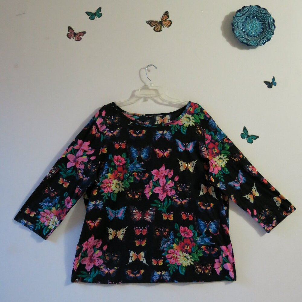 Take Two Clothing Co Flowers Butterfies Sequins Bohemian Novelty Top Size 2XL